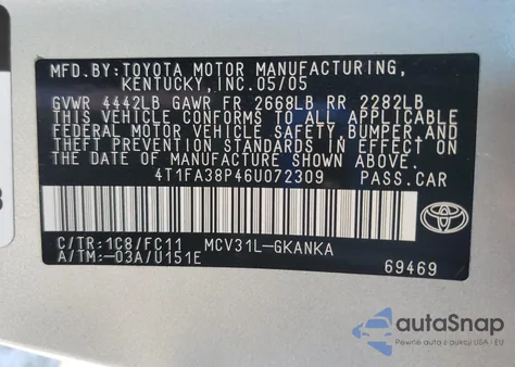 2006 Toyota Camry Solara Se z USA, uszkodzony, nr VIN 4T1FA38P46U072309